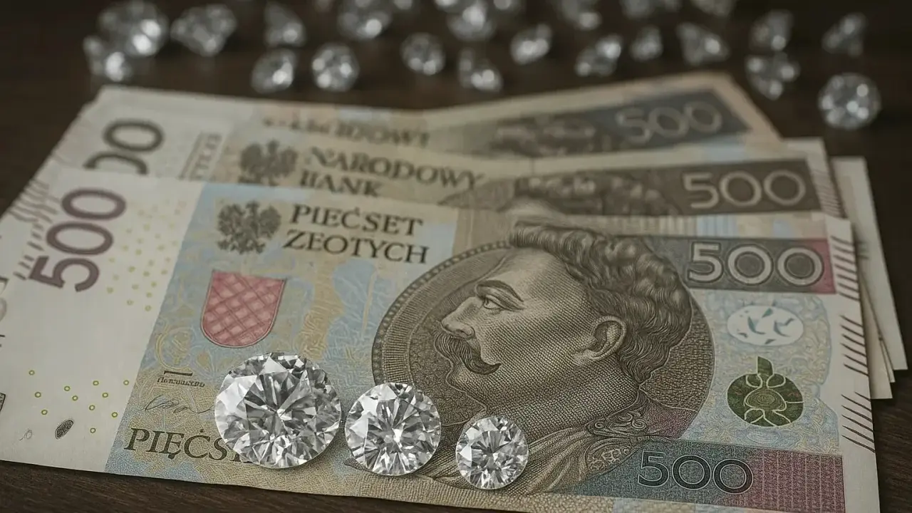 Trzy błyszczące diamenty inwestycyjne leżą na banknotach 500 zł.