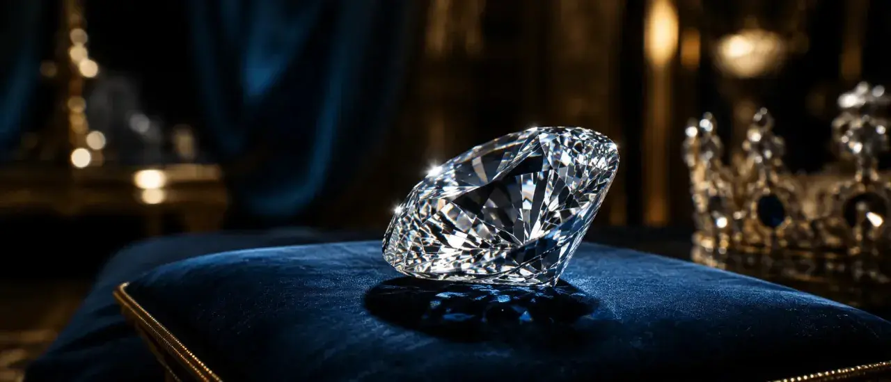 Błyszczący diament Kohinoor na aksamitnej poduszce, obok królewskiej korony.
