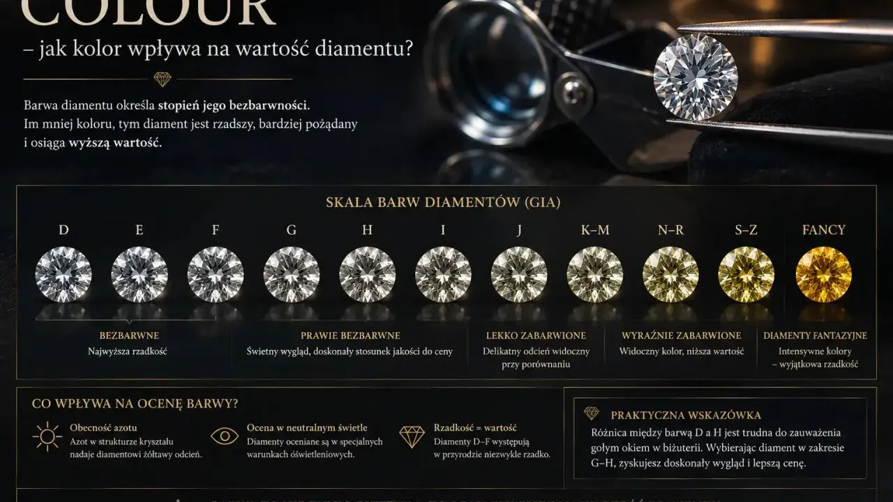 Skala barw diamentów GIA od D do Fancy. Im mniej koloru, tym wyższa wartość i rzadkość, a **kolor diamentowy** jest kluczowy.