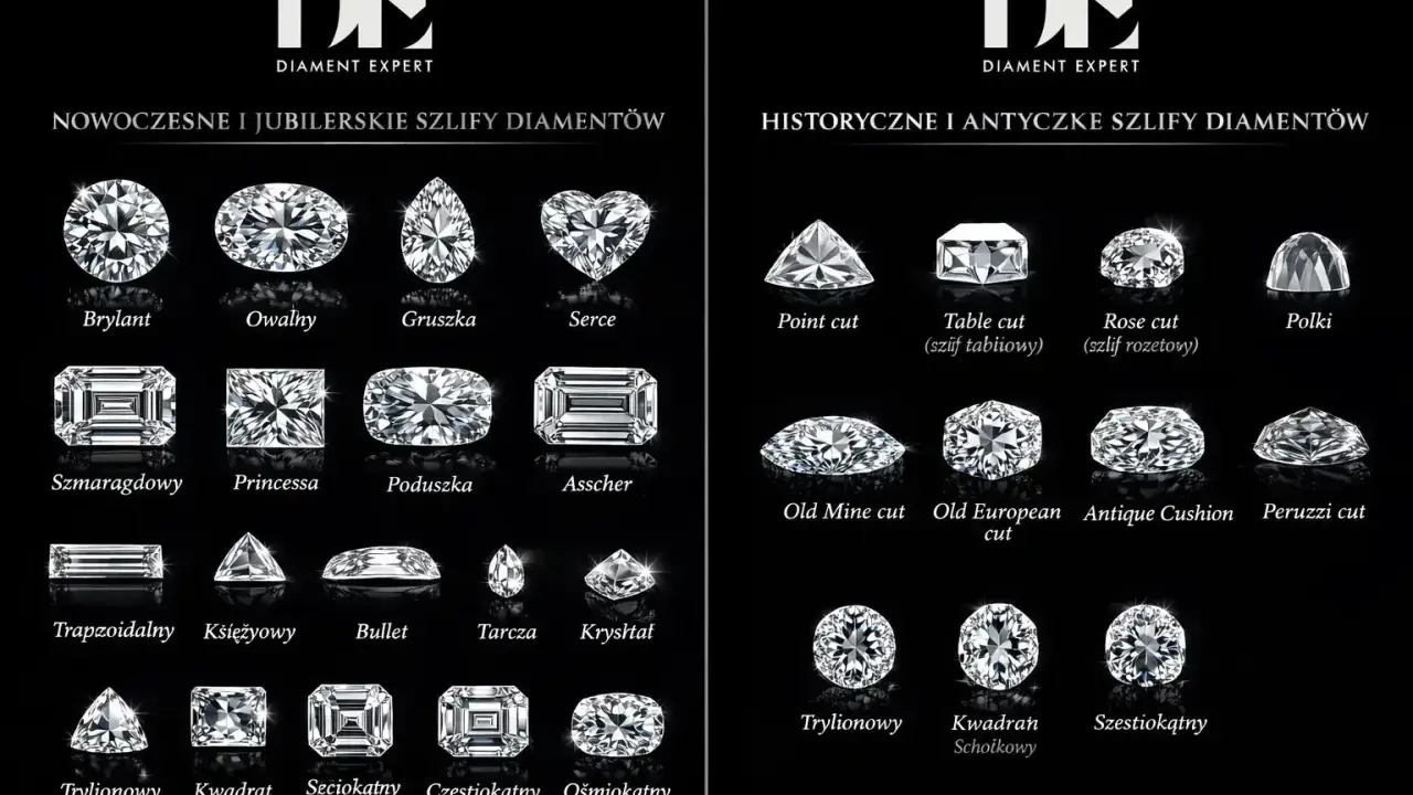 Różnorodne szlify diamentów: brylant, owalny, gruszka, serce, szmaragdowy, princessa, poduszka, asscher, point cut, table cut, rose cut, polki, old mine cut, old european cut, antique cushion, peruzzi cut, trapezoidalny, księżycowy, bullet, tarcza, kry...