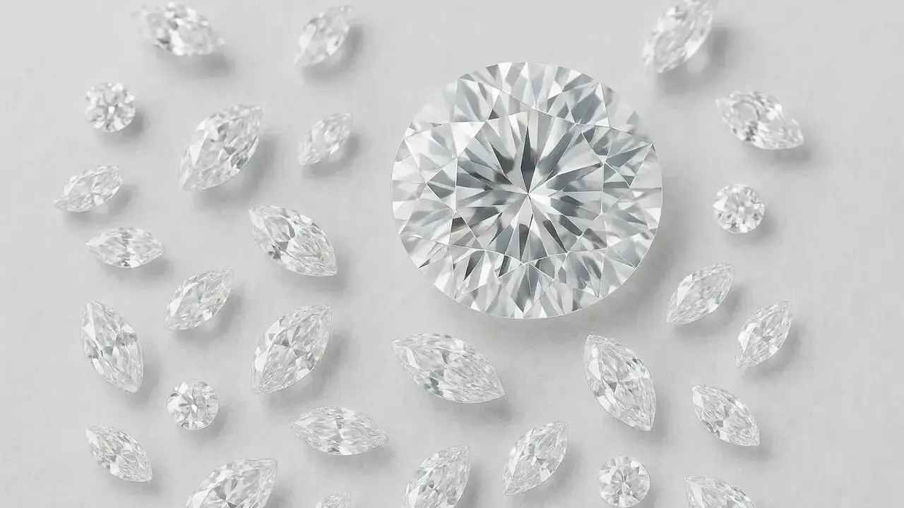 Oto jak wyglądają diamenty: duży, okrągły brylant otoczony mniejszymi diamentami w kształcie markizy i okrągłymi, błyszczącymi kamieniami.
