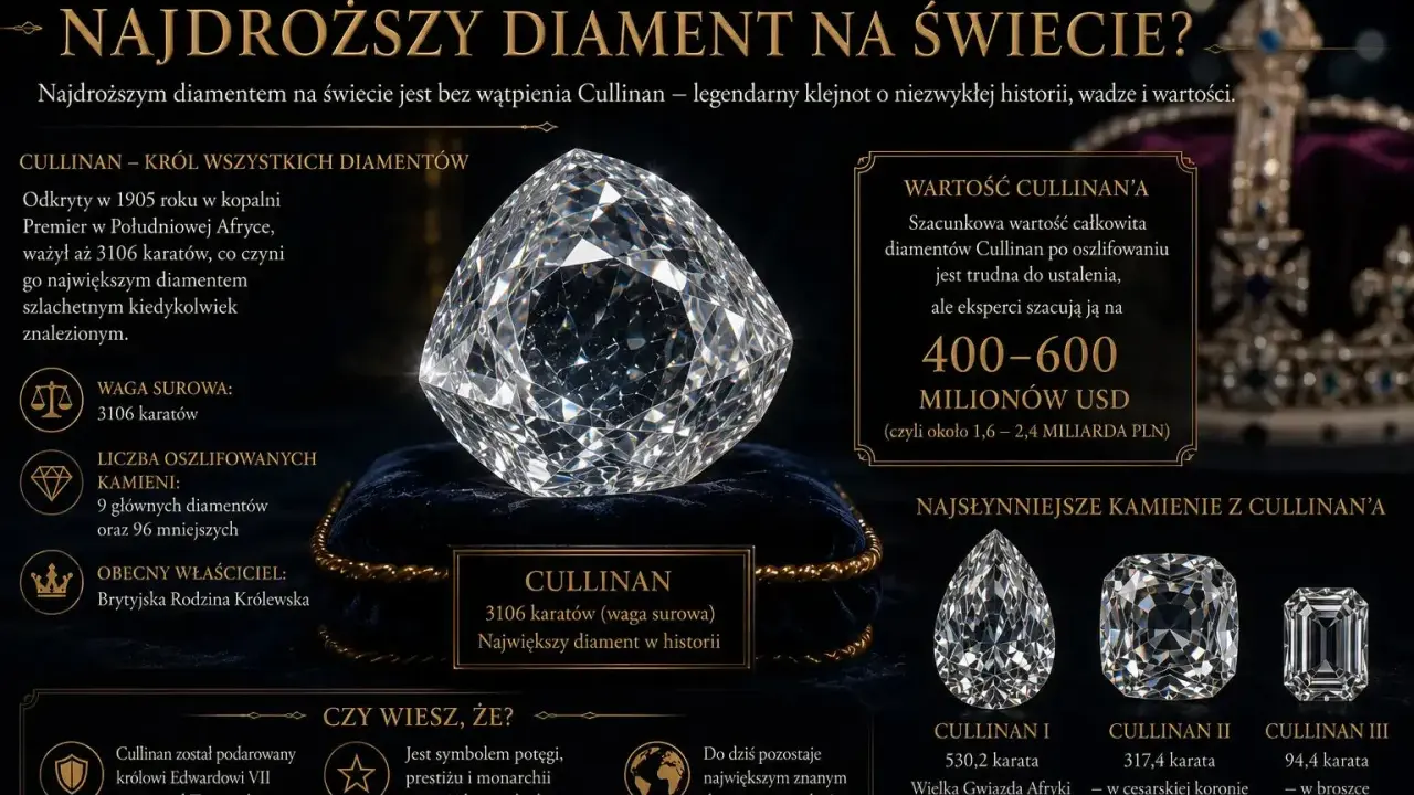 Najdroższy diament na świecie, Cullinan, ważył 3106 karatów. Jego wartość szacuje się na 400-600 milionów USD.