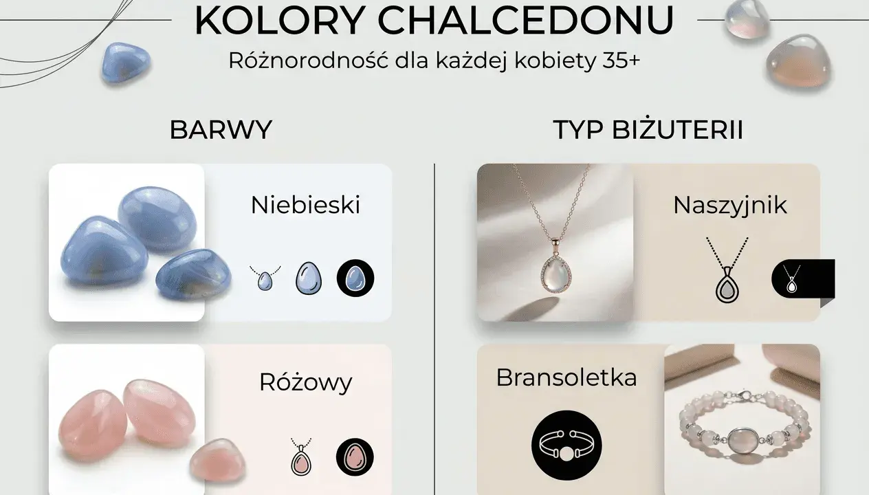 Niebieski i różowy chalcedon, jego właściwości i zastosowanie w biżuterii: naszyjniki i bransoletki.