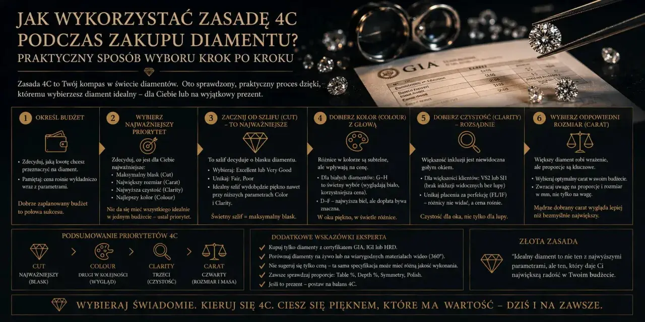Zasada 4C to przewodnik po świecie diamentów. Wybierz idealną odmianę diamentu, kierując się budżetem, priorytetami i parametrami: szlif, kolor, czystość i carat.