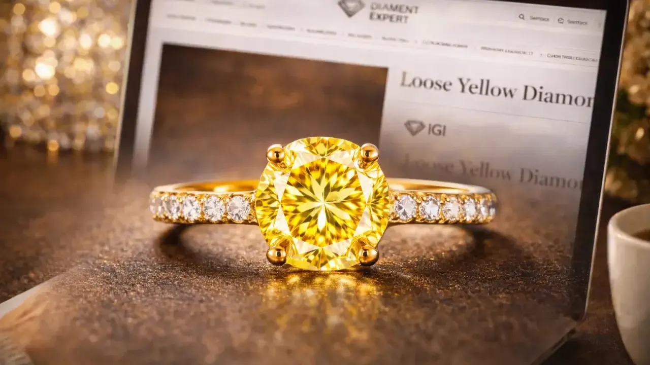 Złoty pierścionek z olśniewającym, żółtym diamentem na tle ekranu z napisem "Loose Yellow Diamond".