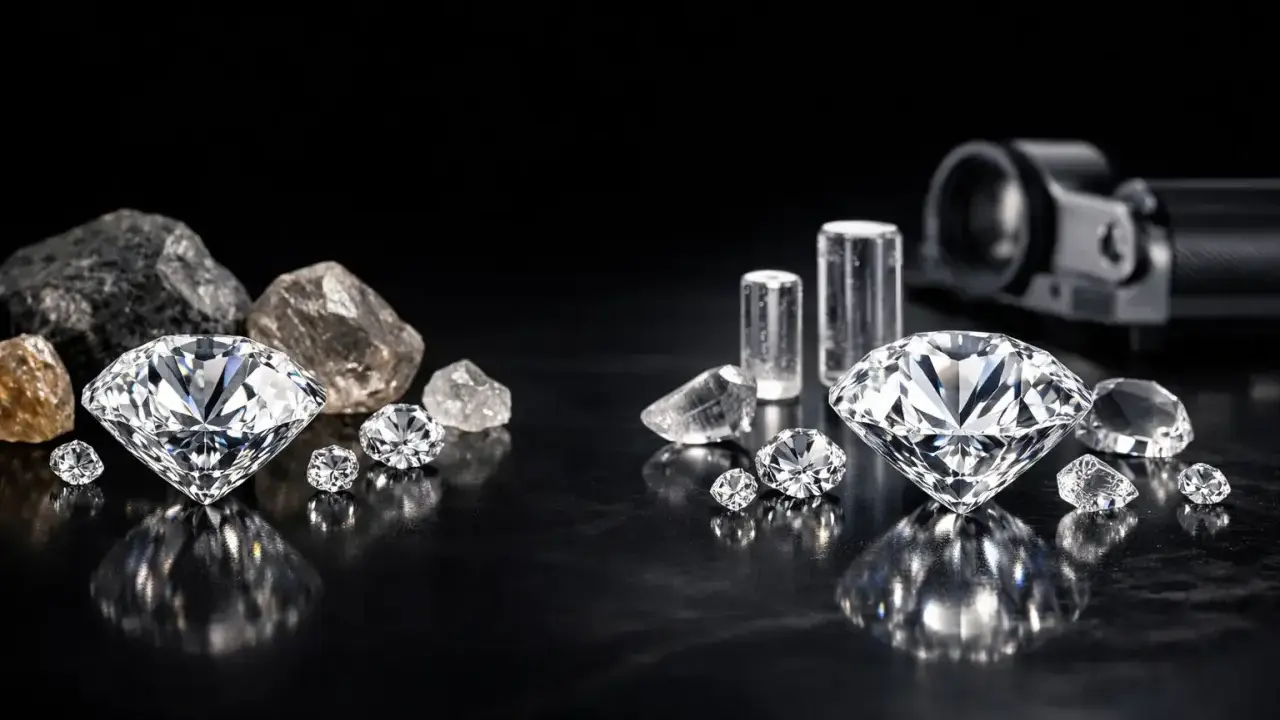 Błyszczące diamenty syntetyczne obok surowych kamieni i cylindrycznych próbek.