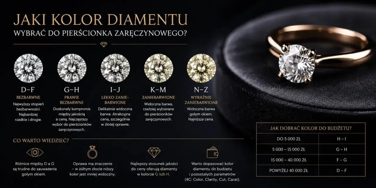 Porównanie barwy diamentów od bezbarwnych (D-F) po wyraźnie zabarwione (N-Z). Wybierz idealny kolor do pierścionka zaręczynowego.
