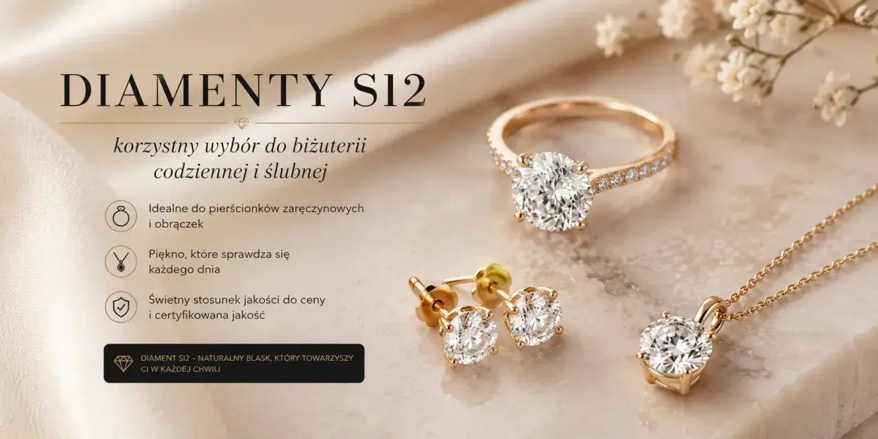 Diamenty SI2 - idealny wybór do biżuterii codziennej i ślubnej. Złoty pierścionek, kolczyki i naszyjnik z kamieniami o naturalnym blasku.
