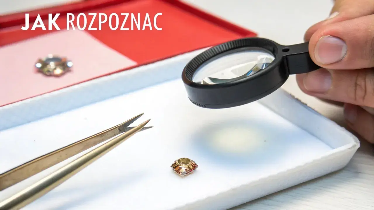 Dłoń z lupą bada mały kamień, obok pęseta. Jak odróżnić cyrkonię od diamentu?