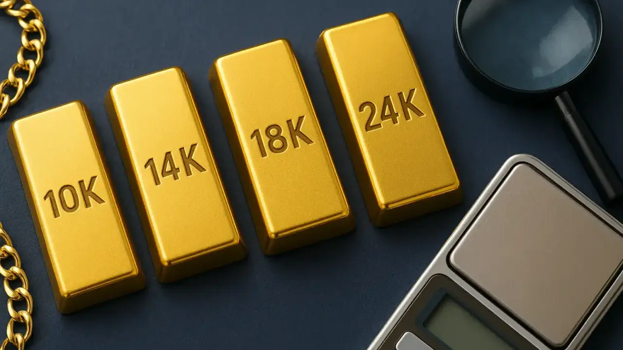 Sztabki złota o próbach 10K, 14K, 18K i 24K leżą obok siebie. Obok znajduje się lupa i waga jubilerska.