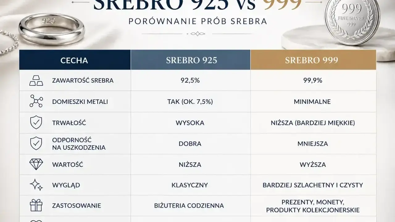Porównanie srebra 925 i 999: trwałość, wygląd i zastosowanie. Srebro 925 jest praktyczne, 999 luksusowe.