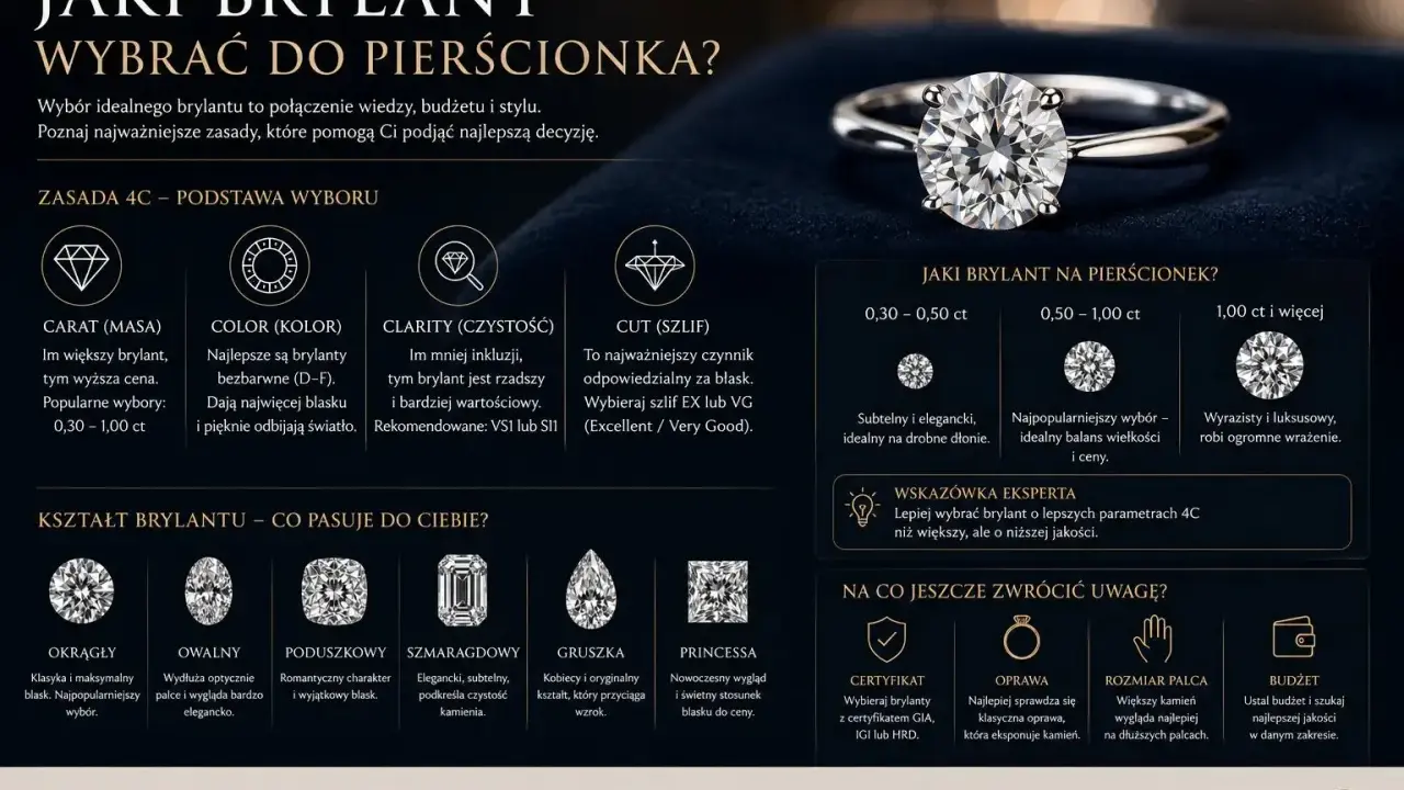 Wybór idealnego brylantu: zasady 4C, kształty i rozmiary. Poznaj różnice między brylantem a diamentem, by wybrać ten najpiękniejszy.