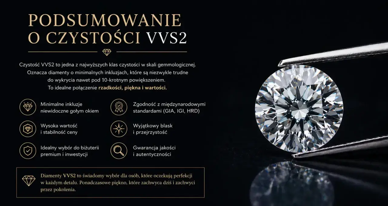 Błyszczący diament VVS2, który jest dowodem, że diament to węgiel poddany ekstremalnej przemianie. Minimalne inkluzje, wysoka wartość i blask.