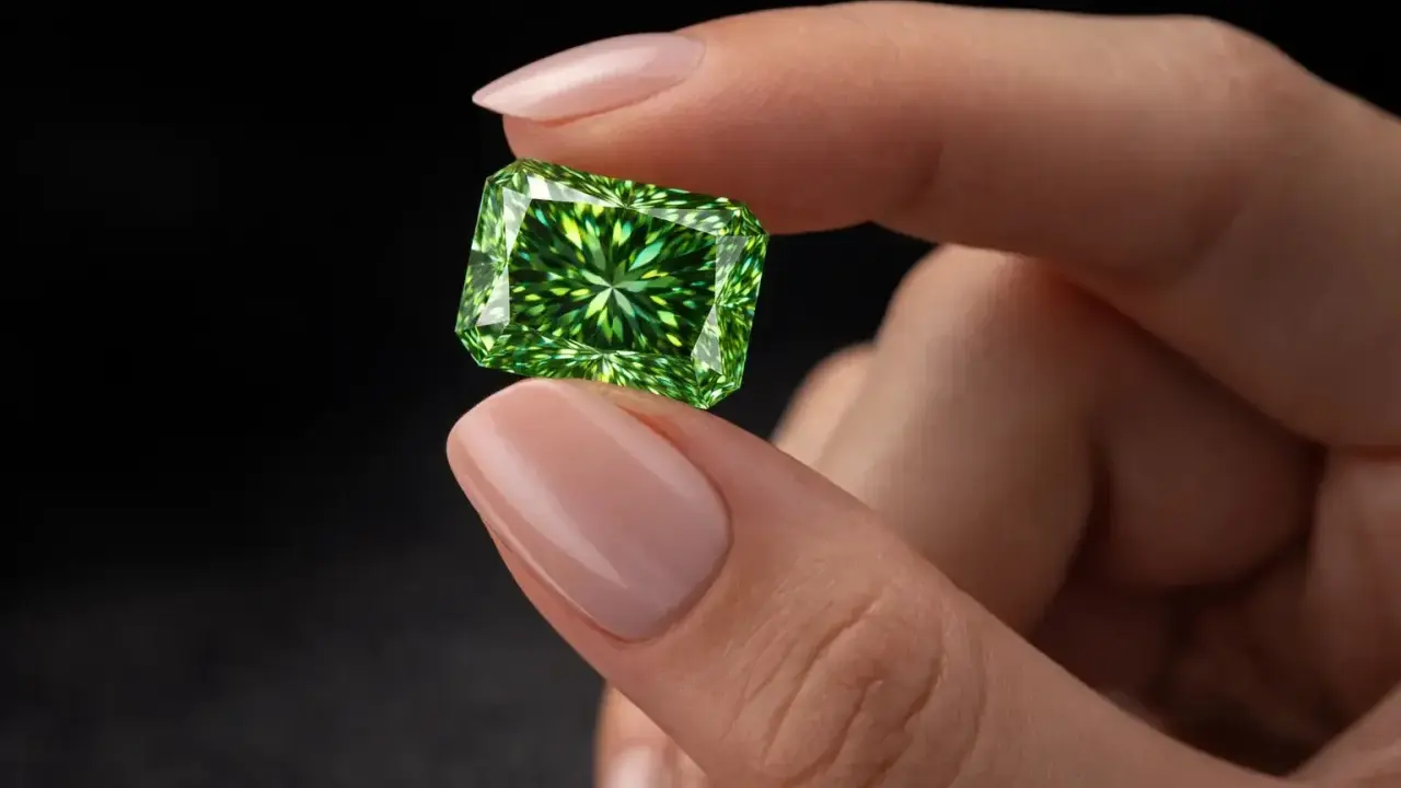Dłoń trzyma lśniący, prostokątny zielony diament.