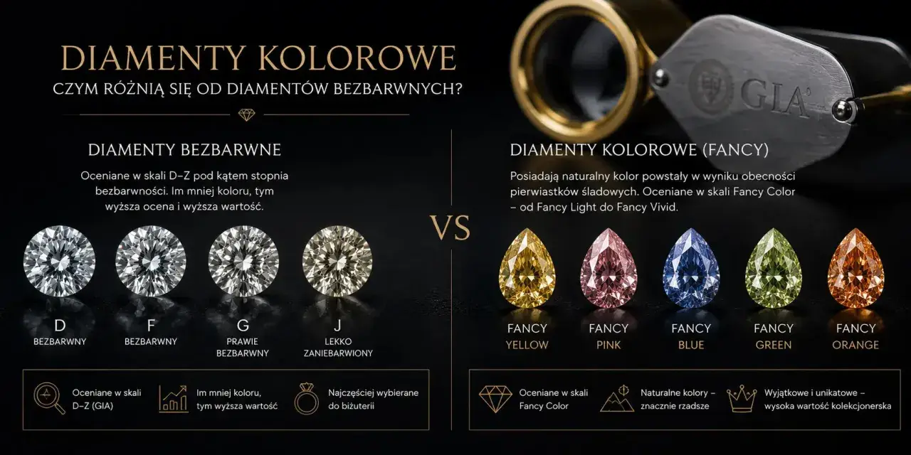 Porównanie barw diamentów: bezbarwne (D-J) i kolorowe (Fancy Yellow, Pink, Blue, Green, Orange).