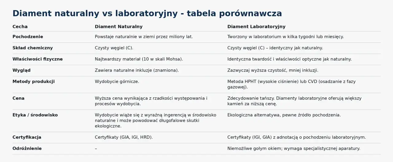 Tabela porównuje diament naturalny i laboratoryjny, podkreślając, że diament laboratoryjny jest tworzony w laboratorium, tańszy i ekologiczny.