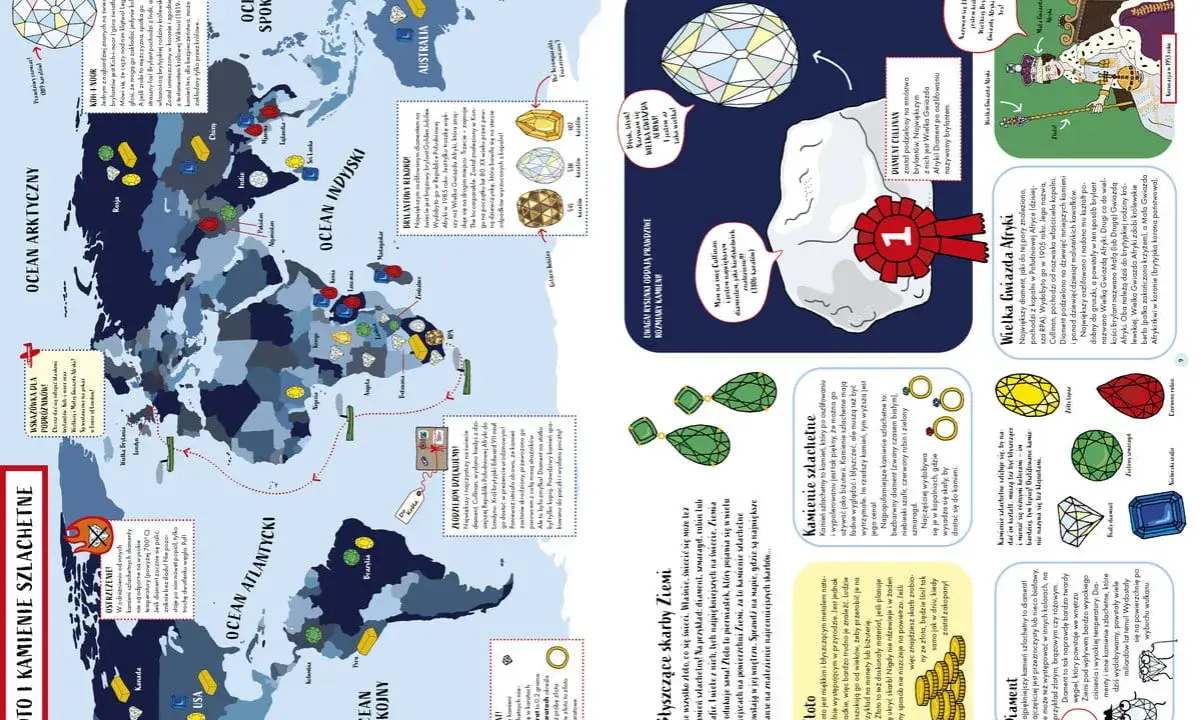 Mapa świata pokazuje, gdzie wydobywa się diamenty i inne cenne kamienie szlachetne.