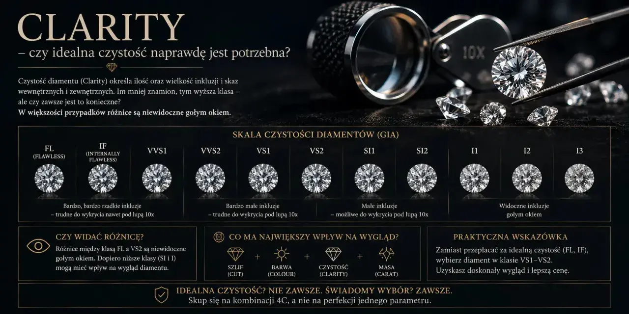 Skala czystości diamentów (Clarity) od FL do I3. Dowiedz się, jak wybrać idealny kamień, zamiast przepłacać za perfekcję.
