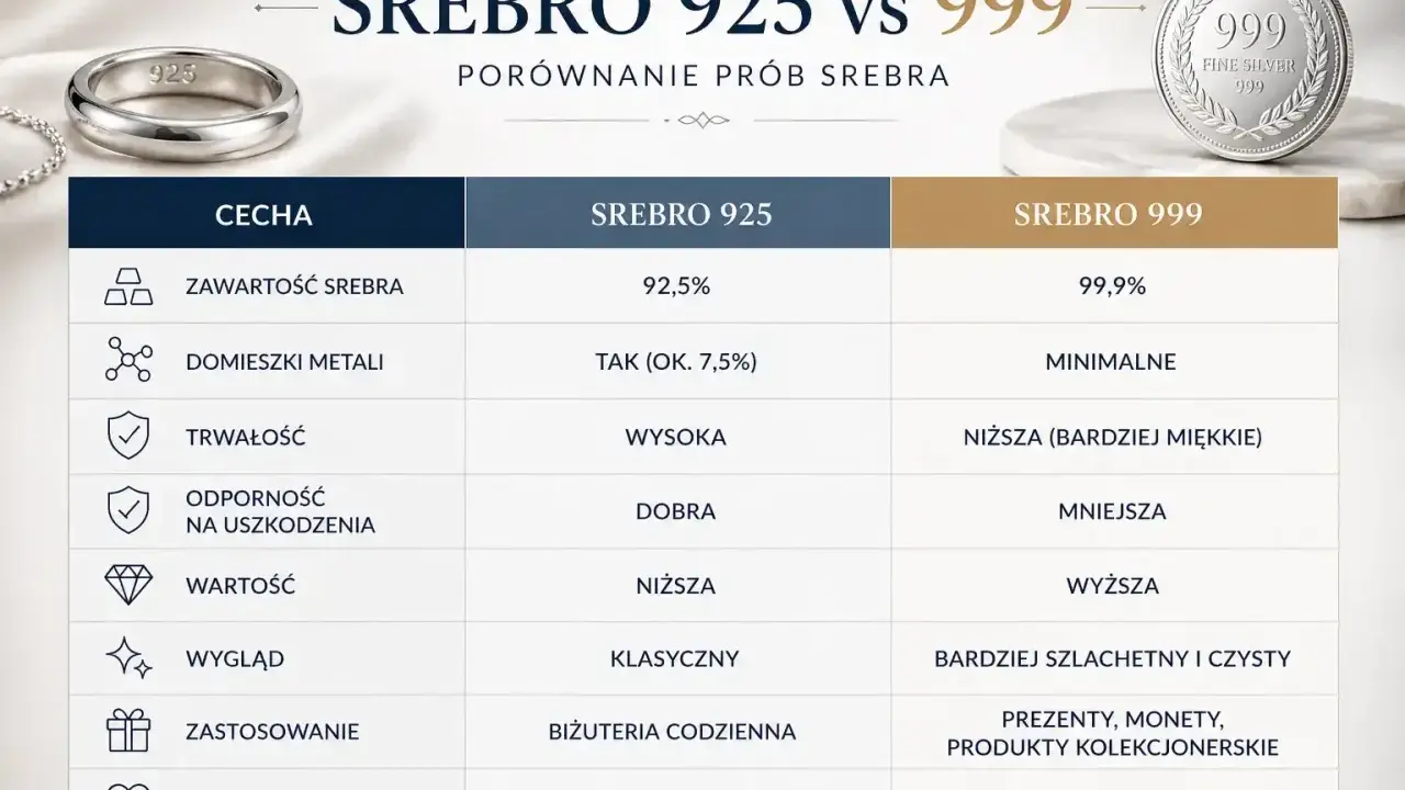 Porównanie srebra 925 i próby srebra 999: czystość, trwałość, zastosowanie. Srebro 999 jest bardziej szlachetne.