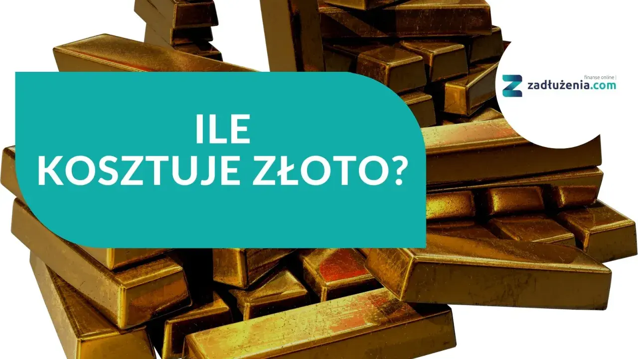 Stos sztabek złota, pytanie "Ile kosztuje złoto?". Sprawdź aktualną złoto próba 900 cenę.