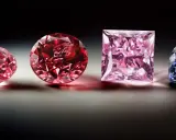 Różowe i czerwone diamenty, jak z polskiej kopalni diamentów, lśnią obok niebieskiego kamienia.