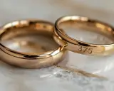 Dwa złote pierścionki, jeden z wygrawerowaną próbą złota 585, symbolizują wieczną miłość i wspólne życie.