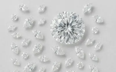 Oto jak wyglądają diamenty: duży, okrągły brylant otoczony mniejszymi diamentami w kształcie markizy i okrągłymi, błyszczącymi kamieniami.