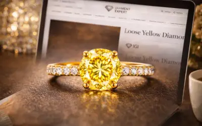 Złoty pierścionek z olśniewającym, żółtym diamentem na tle ekranu z napisem "Loose Yellow Diamond".
