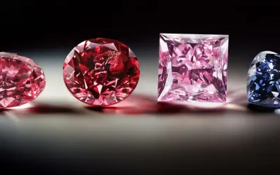 Różowe i czerwone diamenty, jak z polskiej kopalni diamentów, lśnią obok niebieskiego kamienia.