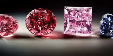 Różowe i czerwone diamenty, jak z polskiej kopalni diamentów, lśnią obok niebieskiego kamienia.