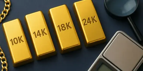 Sztabki złota o próbach 10K, 14K, 18K i 24K leżą obok siebie. Obok znajduje się lupa i waga jubilerska.
