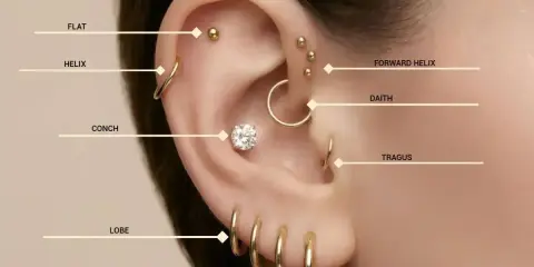 Kolczyk do concha to ten duży, centralnie umieszczony z cyrkonią. Obok widać inne kolczyki: lobe, helix, flat, forward helix, daith i tragus.