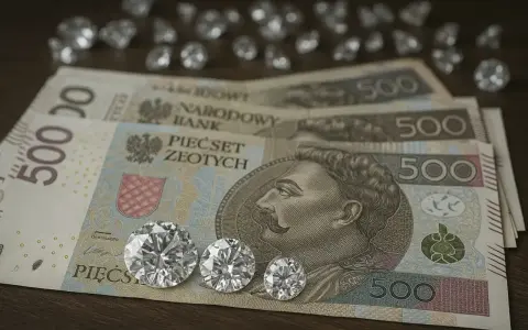 Trzy błyszczące diamenty inwestycyjne leżą na banknotach 500 zł.