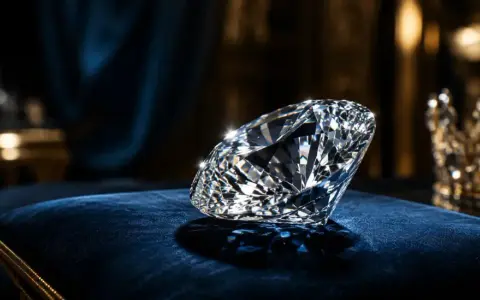 Błyszczący diament Kohinoor na aksamitnej poduszce, obok królewskiej korony.