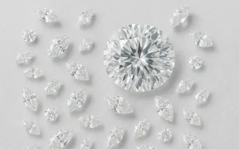 Oto jak wyglądają diamenty: duży, okrągły brylant otoczony mniejszymi diamentami w kształcie markizy i okrągłymi, błyszczącymi kamieniami.