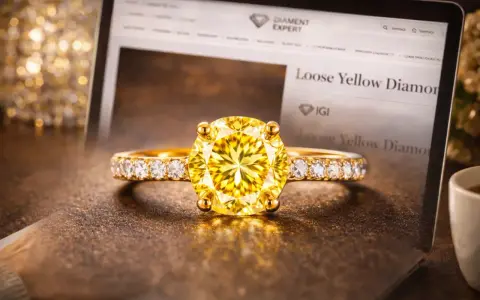 Złoty pierścionek z olśniewającym, żółtym diamentem na tle ekranu z napisem "Loose Yellow Diamond".
