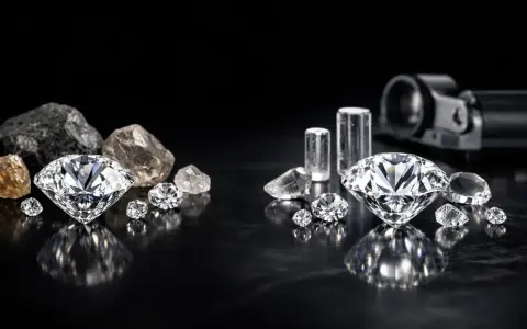 Błyszczące diamenty syntetyczne obok surowych kamieni i cylindrycznych próbek.