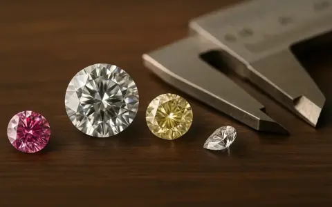Różowe, białe i żółte diamenty obok suwmiarki. Zastanawiasz się, ile kosztuje diament?