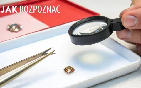 Dłoń z lupą bada mały kamień, obok pęseta. Jak odróżnić cyrkonię od diamentu?