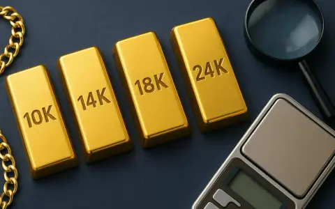 Sztabki złota o próbach 10K, 14K, 18K i 24K leżą obok siebie. Obok znajduje się lupa i waga jubilerska.