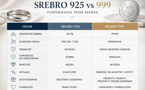 Porównanie srebra 925 i 999: trwałość, wygląd i zastosowanie. Srebro 925 jest praktyczne, 999 luksusowe.