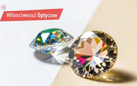 Dwa błyszczące kamienie, jeden z zielonymi refleksami, drugi z tęczowymi. Dowiedz się, co to cyrkonia i jakie ma właściwości optyczne.