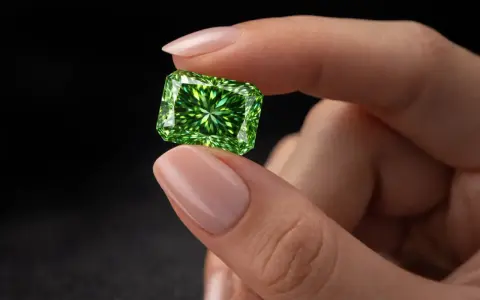 Dłoń trzyma lśniący, prostokątny zielony diament.