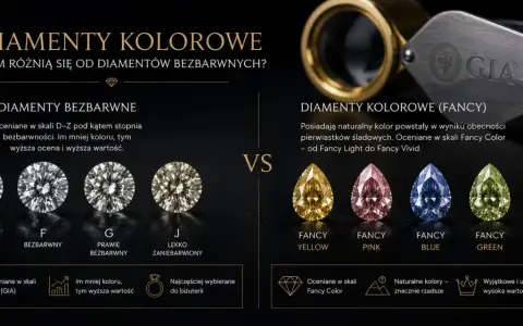 Porównanie barw diamentów: bezbarwne (D-J) i kolorowe (Fancy Yellow, Pink, Blue, Green, Orange).