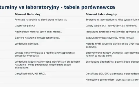 Tabela porównuje diament naturalny i laboratoryjny, podkreślając, że diament laboratoryjny jest tworzony w laboratorium, tańszy i ekologiczny.
