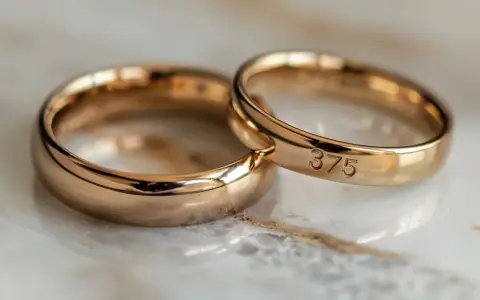Dwa złote pierścionki, jeden z wygrawerowaną próbą złota 585, symbolizują wieczną miłość i wspólne życie.