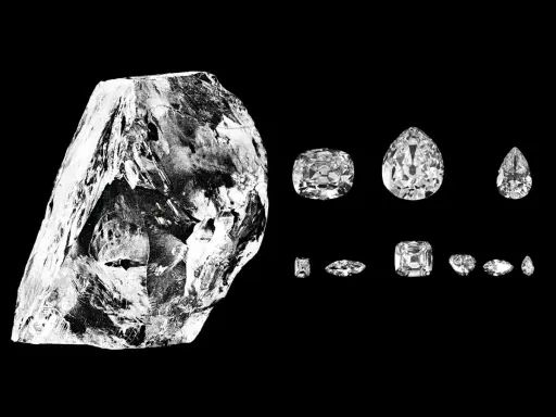 Surowy Cullinan Diamond obok swoich oszlifowanych części.