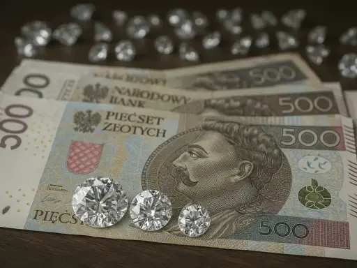 Trzy błyszczące diamenty inwestycyjne leżą na banknotach 500 zł.