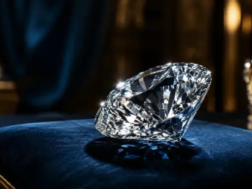 Błyszczący diament Kohinoor na aksamitnej poduszce, obok królewskiej korony.