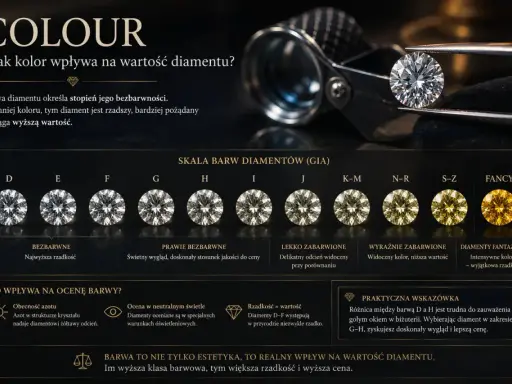 Skala barw diamentów GIA od D do Fancy. Im mniej koloru, tym wyższa wartość i rzadkość, a **kolor diamentowy** jest kluczowy.